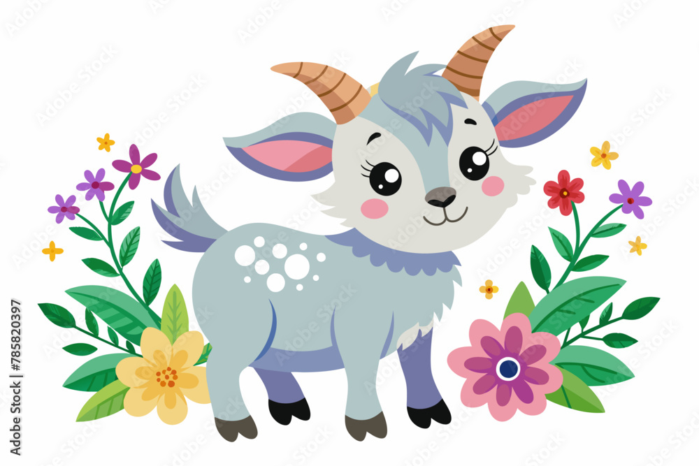Charming cartoon goat adorned with vibrant flowers stands against a white background. Charming cartoon goat adorned with vibrant flowers stands against a white background.