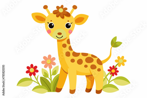 A charming cartoon giraffe adorned with vibrant flowers.