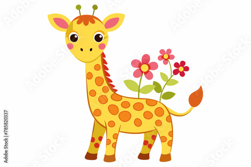 Adorable cartoon giraffe adorned with vibrant flowers, exuding charm and whimsicality.