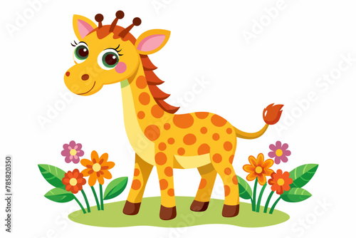 Charming cartoon giraffe with bright flowers adorns a beautiful background.