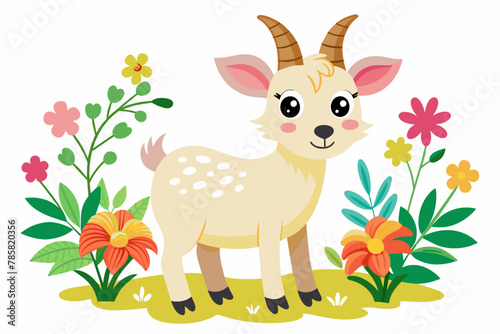 Charming cartoon goat adorned with colorful flowers.