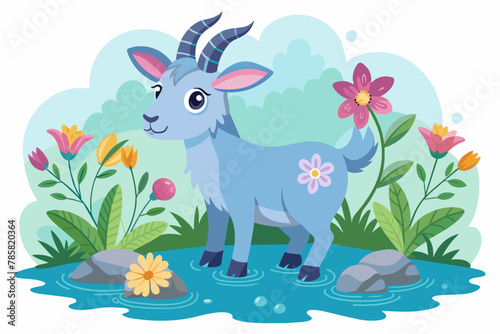A charming cartoon goat with flowers adorns a white background.