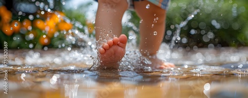 Delighted Toddler Chasing Playful Water Droplets in Shallow Pool on Summer Day