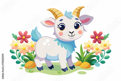 Charming goat cartoon character adorned with vibrant flowers.