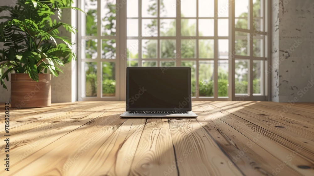 Fototapeta premium Laptop on a wooden desk inside a sunny room - A solitary laptop sits on a rustic wooden desk, bathed in sunlight pouring through a large window, inviting productivity