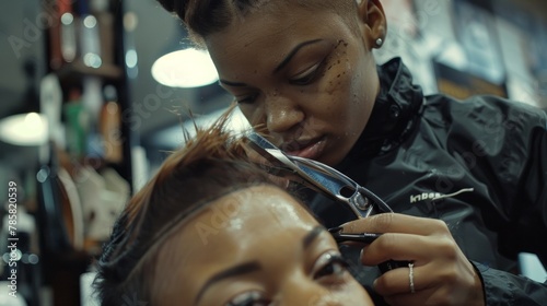 A young barber leans over her clients head plucking at a strand of hair with a pair of futuristic pliers. The clients hair is styled into a daring and asymmetrical a true reflection . photo