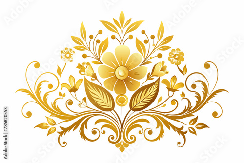 Golden ornamental design with charming flowers adorns a white background.