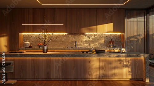 Fototapeta Naklejka Na Ścianę i Meble -  minimalits kitchen with wood cabinets, Modern scandinavian kitchen design , 3d rendering. ai generative