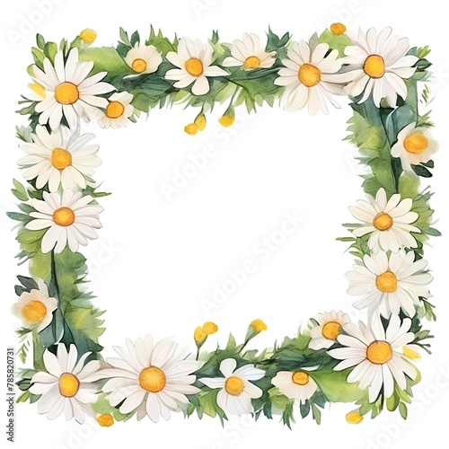 Floral frame with daisies and green leaves. Watercolor illustration. © hungryai