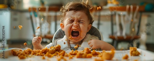 A young child cries while sitting in a highchair surrounded by scattered food making a mess on the floor with high depth of field and wide shot photo