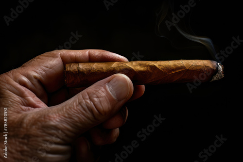 Hand holding smoking brown cuban cigar with copy space