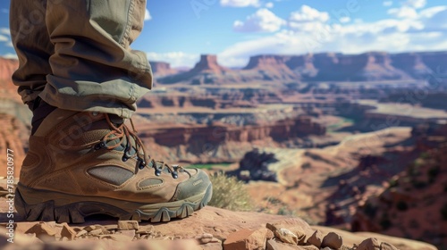 A person wearing a backpack takes a break from their hike to admire the scenery the intricate details of their hiking boots visible . .