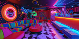 Neon Nights Disco Den: A Den with Neon Lighting and 80s Disco-inspired Decor, Emanating Retro Dance Club Vibes