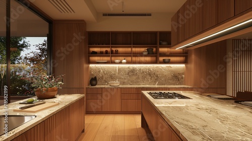Fototapeta Naklejka Na Ścianę i Meble -  minimalits kitchen with wood cabinets, Modern scandinavian kitchen design , 3d rendering. ai generative