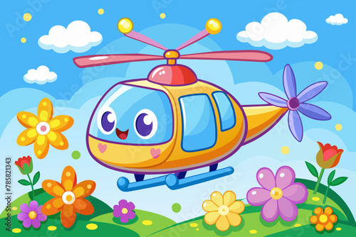 A charming cartoon helicopter flies through the sky, adorned with vibrant flowers.