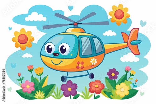 Charming cartoon helicopter flying in the sky adorned with beautiful flowers.