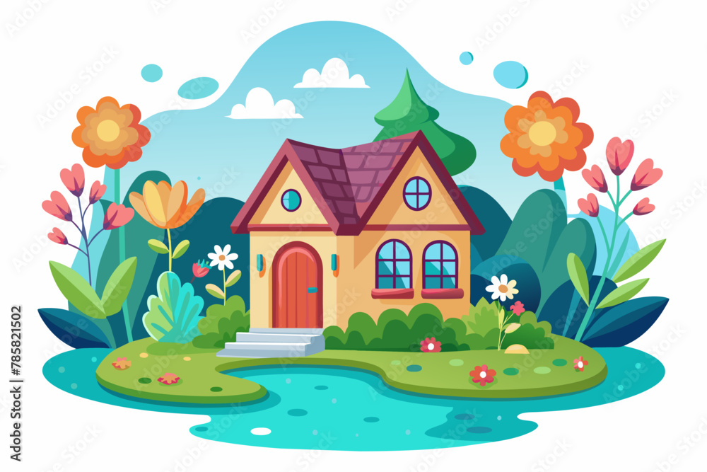 Charming cartoon home with flowers adorning its facade, isolated on a white background.