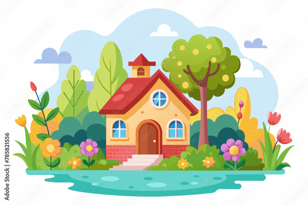 A charming cartoon house adorned with vibrant flowers on a white background.