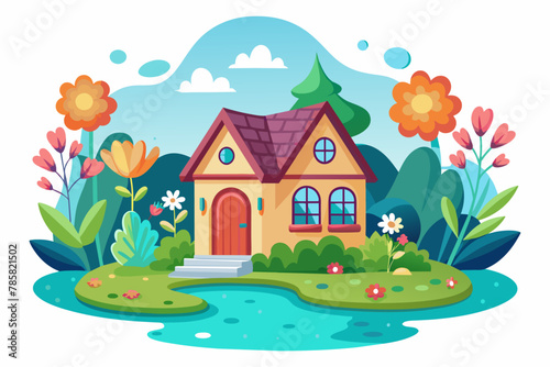 Charming cartoon home with flowers adorning its facade  isolated on a white background.