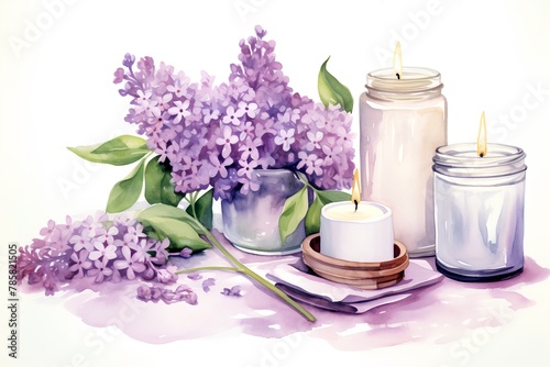 Beautiful lilac flowers and candles. Hand drawn watercolor illustration