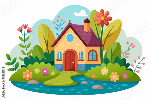 Charming cartoon house adorned with vibrant flowers blooms against a pure white backdrop.