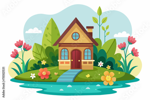 Charming cartoon home with flowers adorning its facade, isolated on a white background.