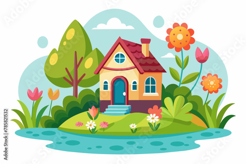 Charming cartoon house adorned with vibrant flowers blooms against a pure white backdrop.