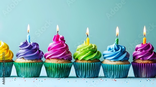Colorful and cheerful cupcakes with lit birthday candles
