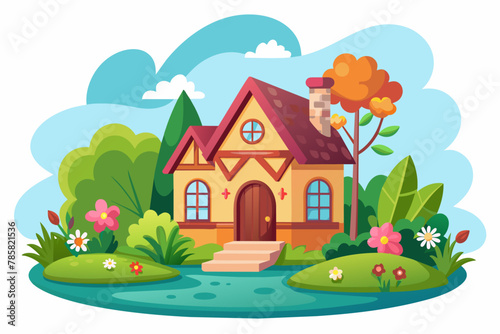 A charming cartoon house with colorful flowers adorns a white background.