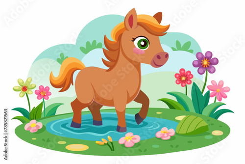 Charming horse cartoon with flowers in its mane