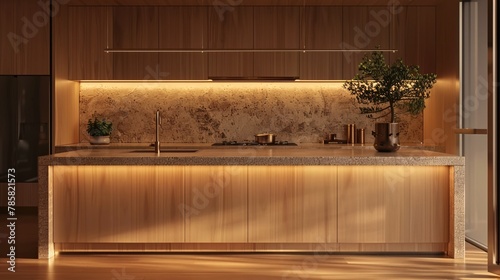 Fototapeta Naklejka Na Ścianę i Meble -  minimalits kitchen with wood cabinets, Modern scandinavian kitchen design , 3d rendering. ai generative