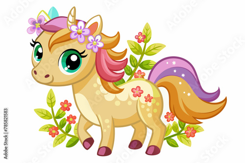 Charming cartoon horse adorned with colorful flowers.