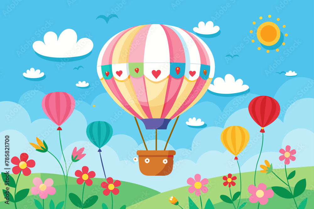 Charming cartoon hot air balloon floating in a sky adorned with vibrant flowers.