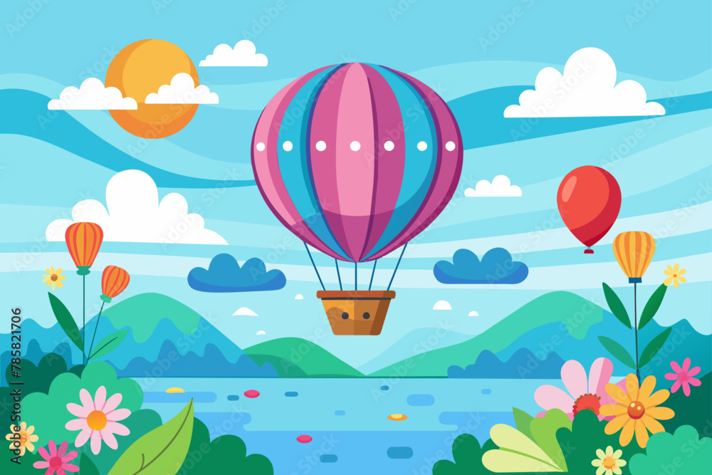 Charming hot air balloon floating in the sky, adorned with colorful flowers. - obrazy, fototapety, plakaty 