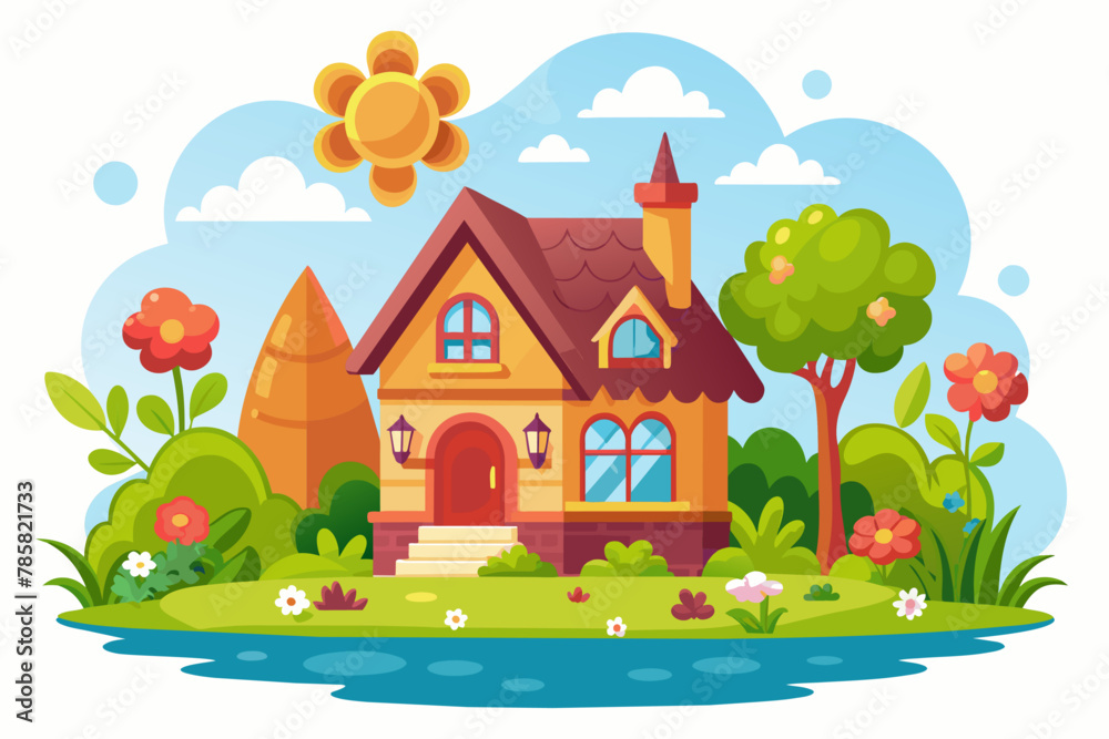 A charming cartoon house adorned with vibrant flowers, creating a whimsical ambiance.