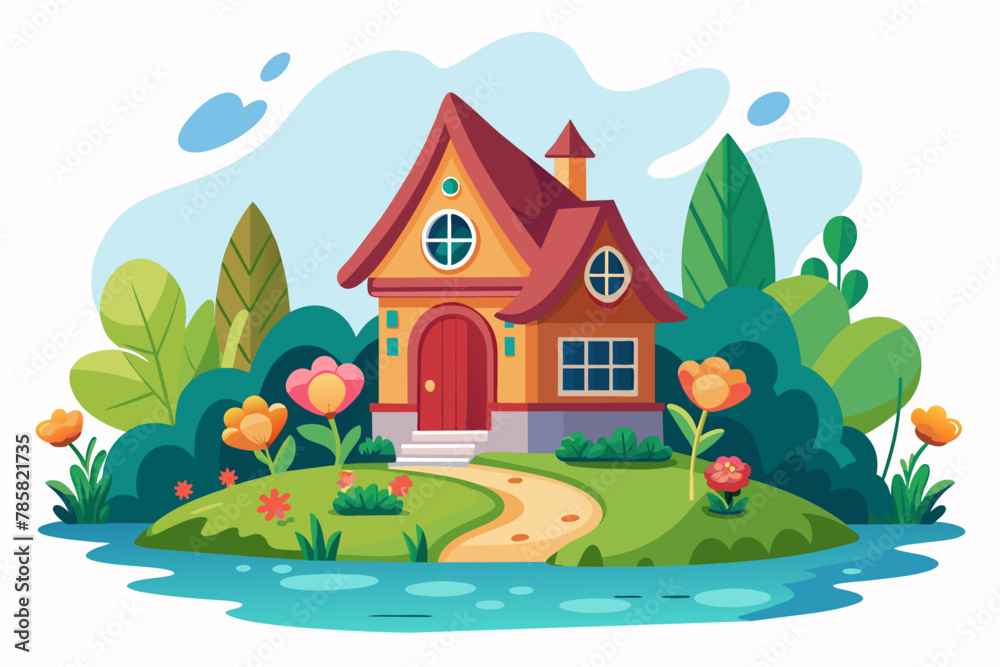 Naklejka premium A charming cartoon house adorned with colorful flowers against a white background.