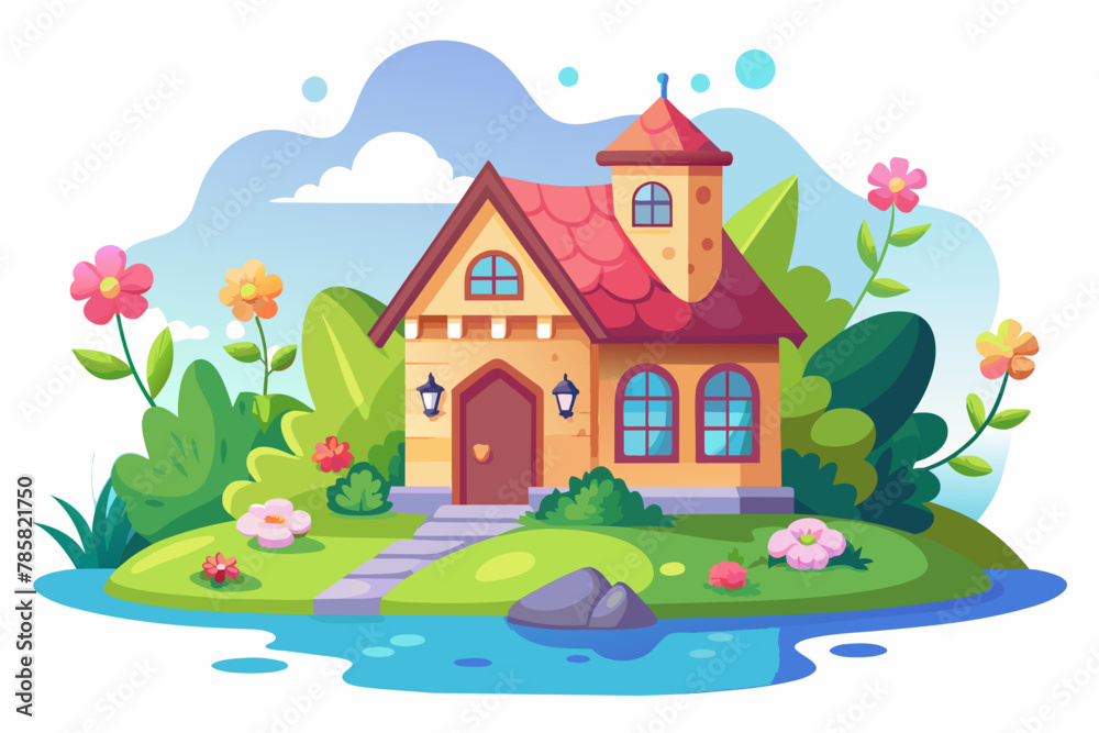 A charming cartoon house adorned with vibrant flowers, creating a whimsical ambiance.