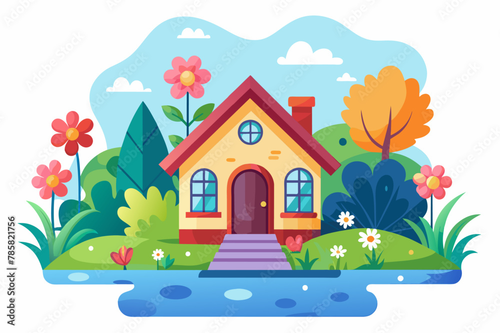 Charming cartoon house adorned with colorful flowers blooms against a crisp white background.