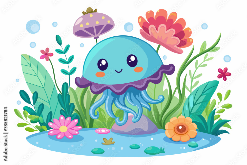 Naklejka premium Charming cartoon jellyfish adorned with vibrant flowers, radiating joy and serenity.