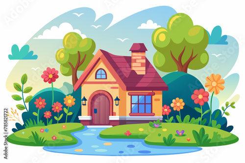 A charming cartoon house adorned with vibrant flowers against a pristine white backdrop.