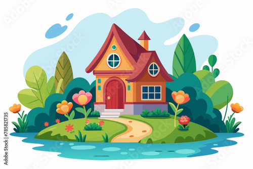 A charming cartoon house adorned with colorful flowers against a white background.
