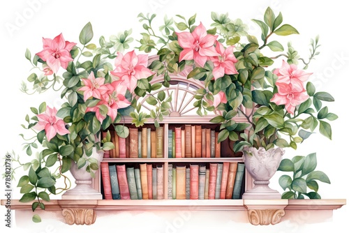 Bookshelf with books and poinsettia flowers. Watercolor illustration photo