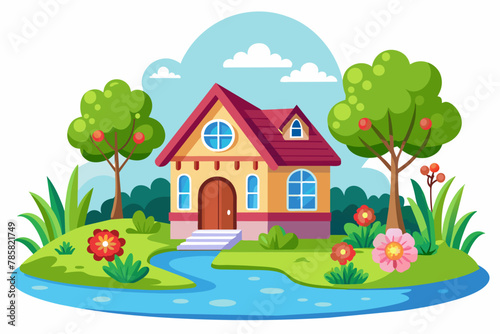 A charming cartoon house adorned with vibrant flowers on a pristine white background.