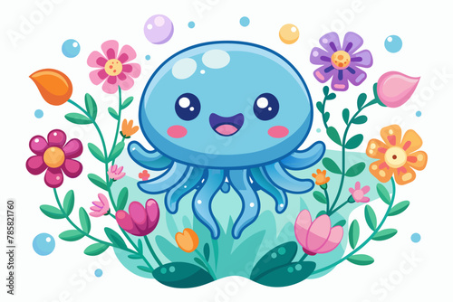 Charming cartoon jellyfish adorned with vibrant flowers  radiating joy and serenity.