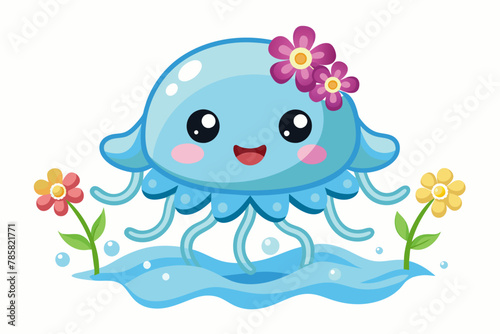 A charming jellyfish cartoon adorned with vibrant flowers dances gracefully through the water.