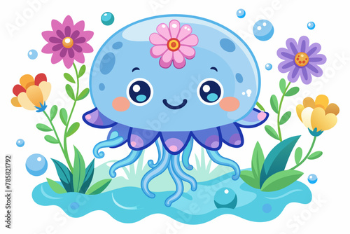 A charming cartoon jellyfish adorned with vibrant flowers floats through the water.
