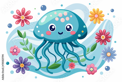 Adorable jellyfish cartoon adorned with vibrant flowers, exuding charm and whimsy.