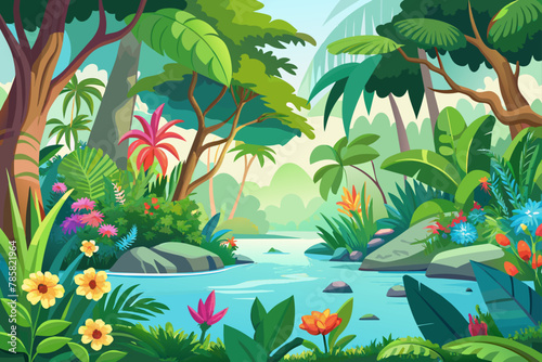 Charming jungle scene with vibrant flowers adorning a white backdrop.