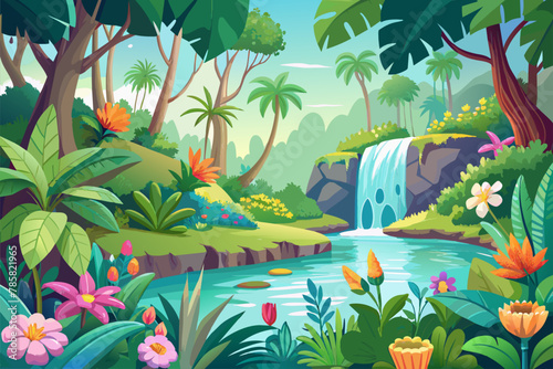 A verdant jungle bursting with vibrant flowers forms a captivating spectacle on a pristine white backdrop.