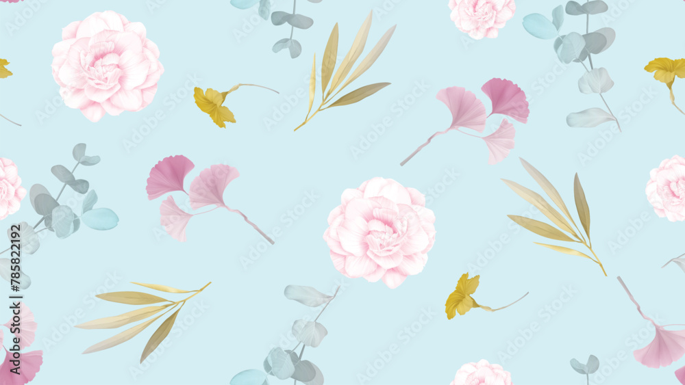 Seamless pattern of Jasminum sambac flowers and leaves with pink and blue on blue background